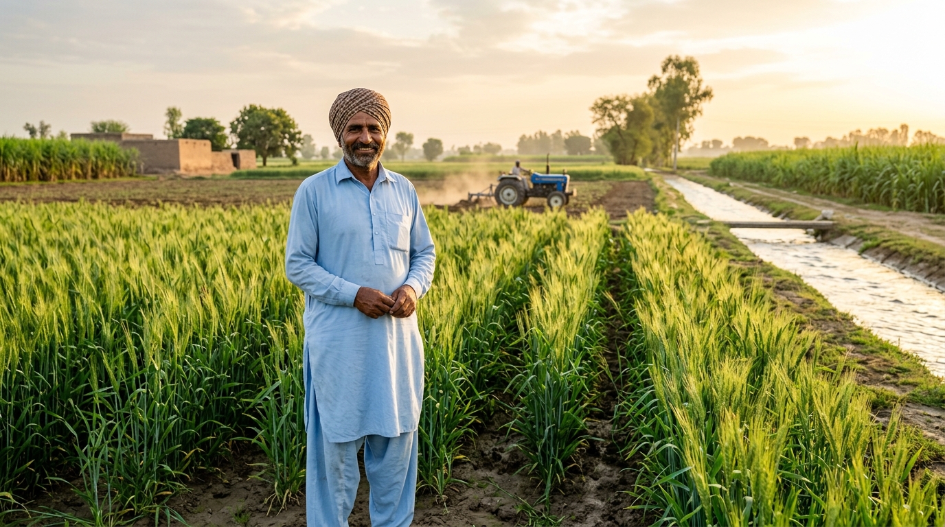 Landless farmer in Punjab standing near newly surveyed agricultural state land under the Apna Khet Apna Rozgar Scheme
