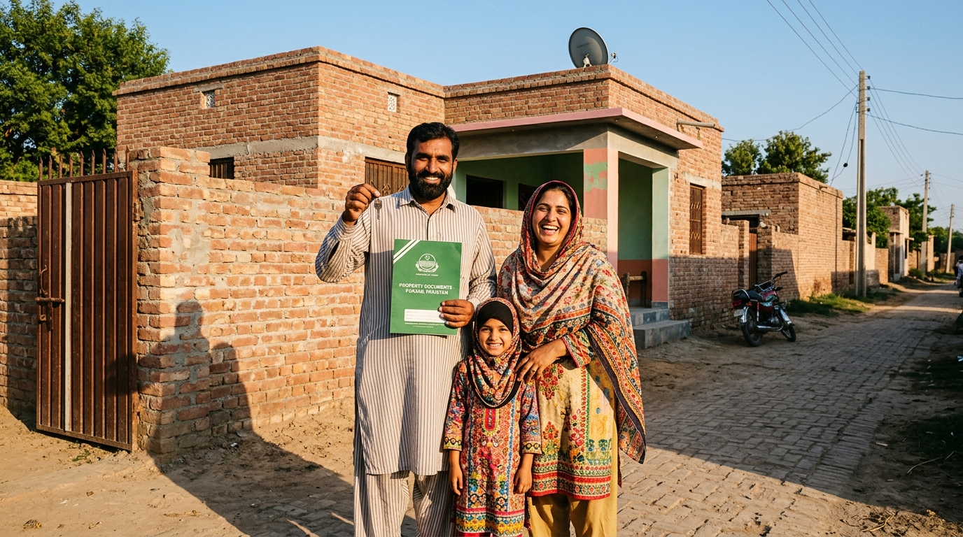 Pakistani family proudly standing in front of their newly constructed brick home under Apni Chhat Apna Ghar scheme in Punjab
