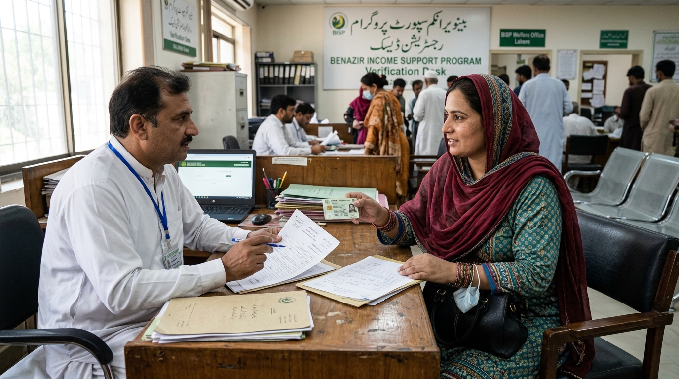 Pakistani female beneficiary verifying her Benazir Kafaalat status and biometric records at an official BISP Tehsil office desk