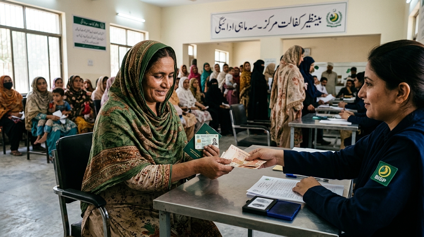 A Pakistani woman checking BISP Benazir Kafaalat 13500 installment online via smartphone