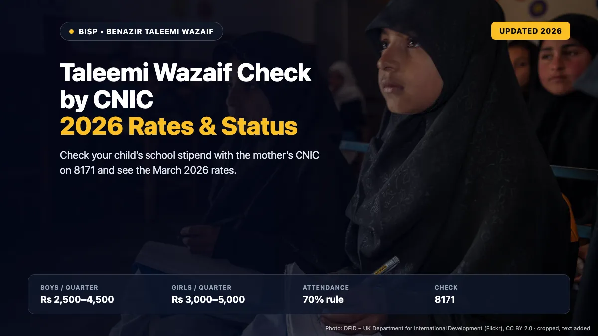 Girls studying in a classroom in Punjab, Pakistan, illustrating the Benazir Taleemi Wazaif school stipend check by CNIC