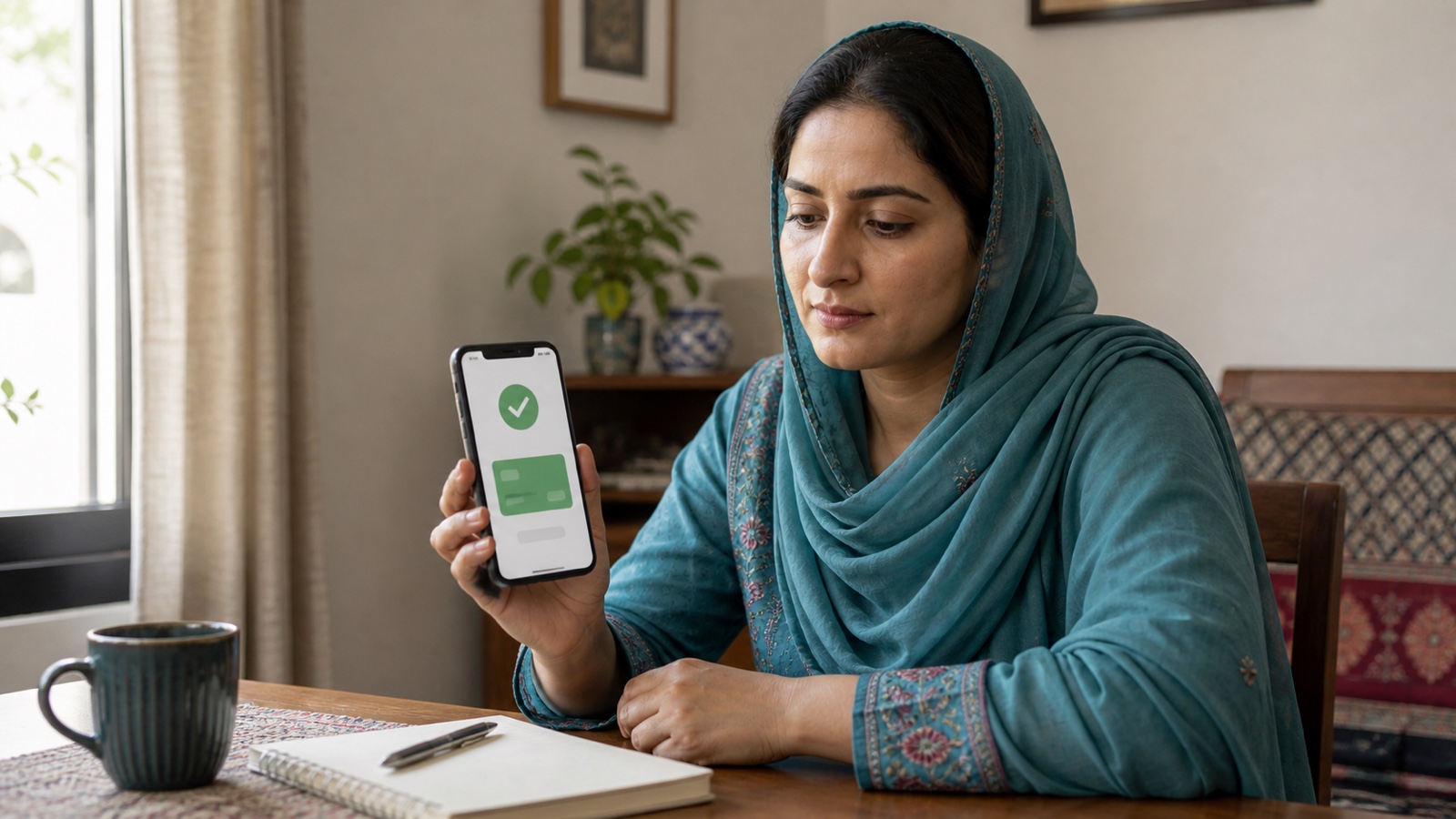 Pakistani female beneficiary withdrawing Benazir Kafaalat cash from HBL biometric ATM