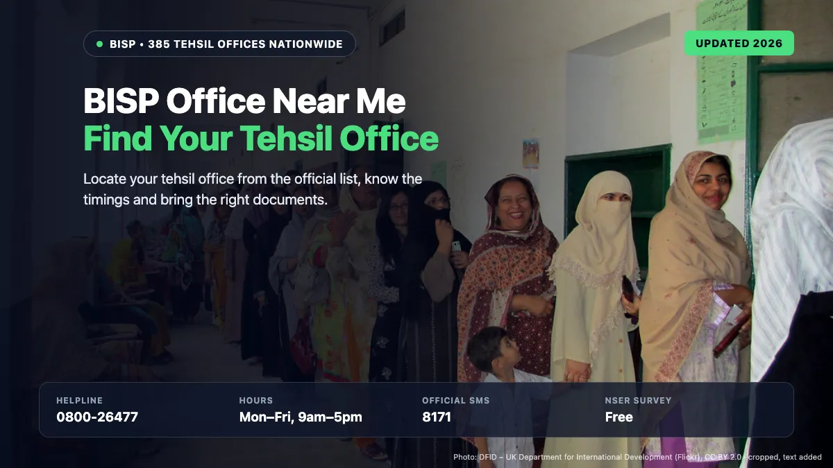 Women waiting in a queue in the corridor of a public office in Pakistan, illustrating a visit to the nearest BISP tehsil office