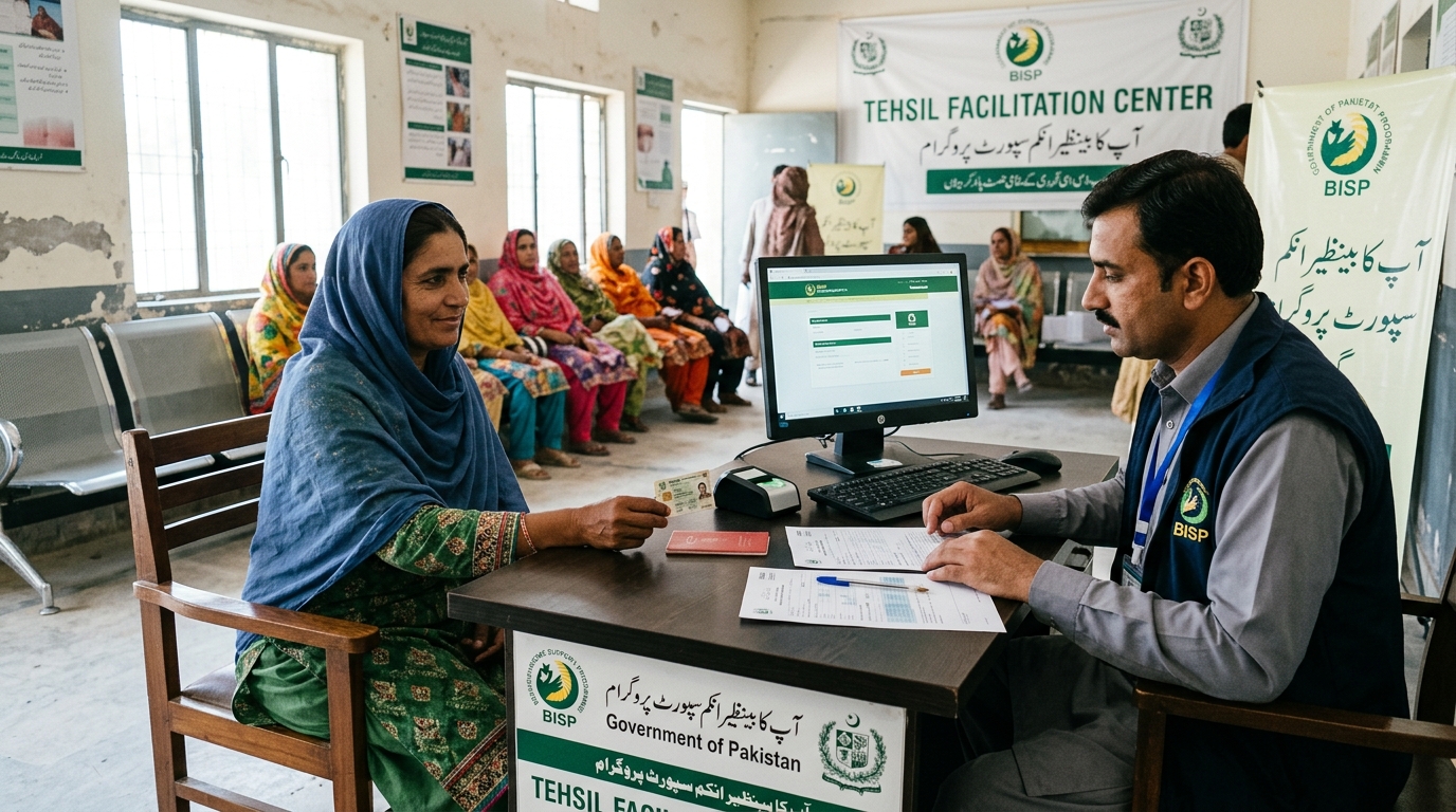 A female applicant attending a BISP dynamic registration interview at a Tehsil center