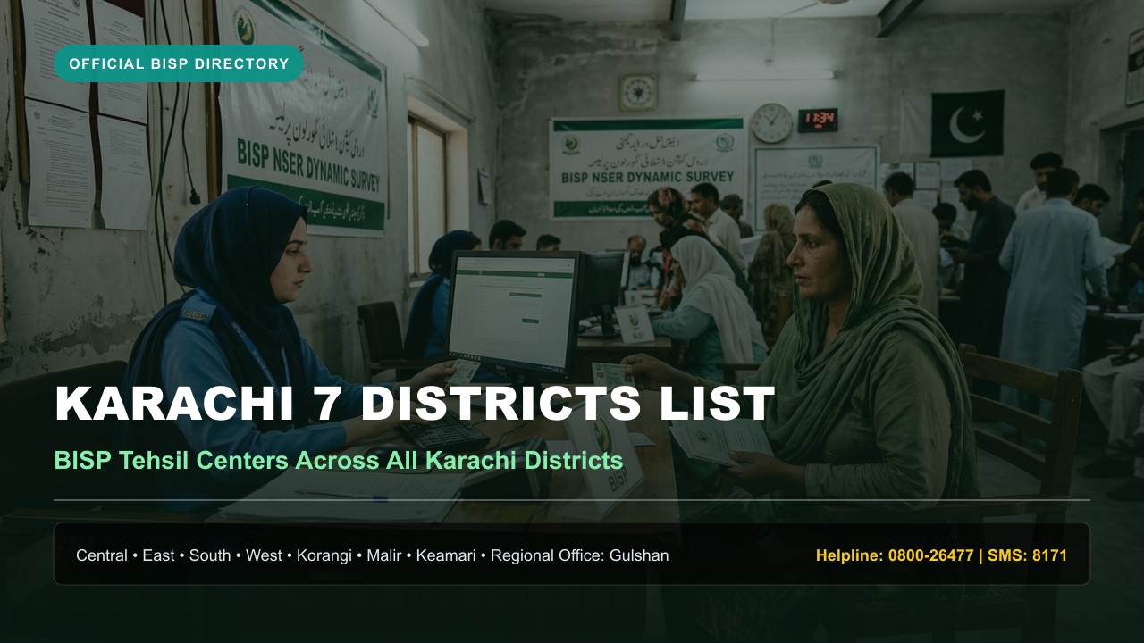 BISP Tehsil Office and registration center in Karachi Pakistan showing beneficiaries across Karachi districts