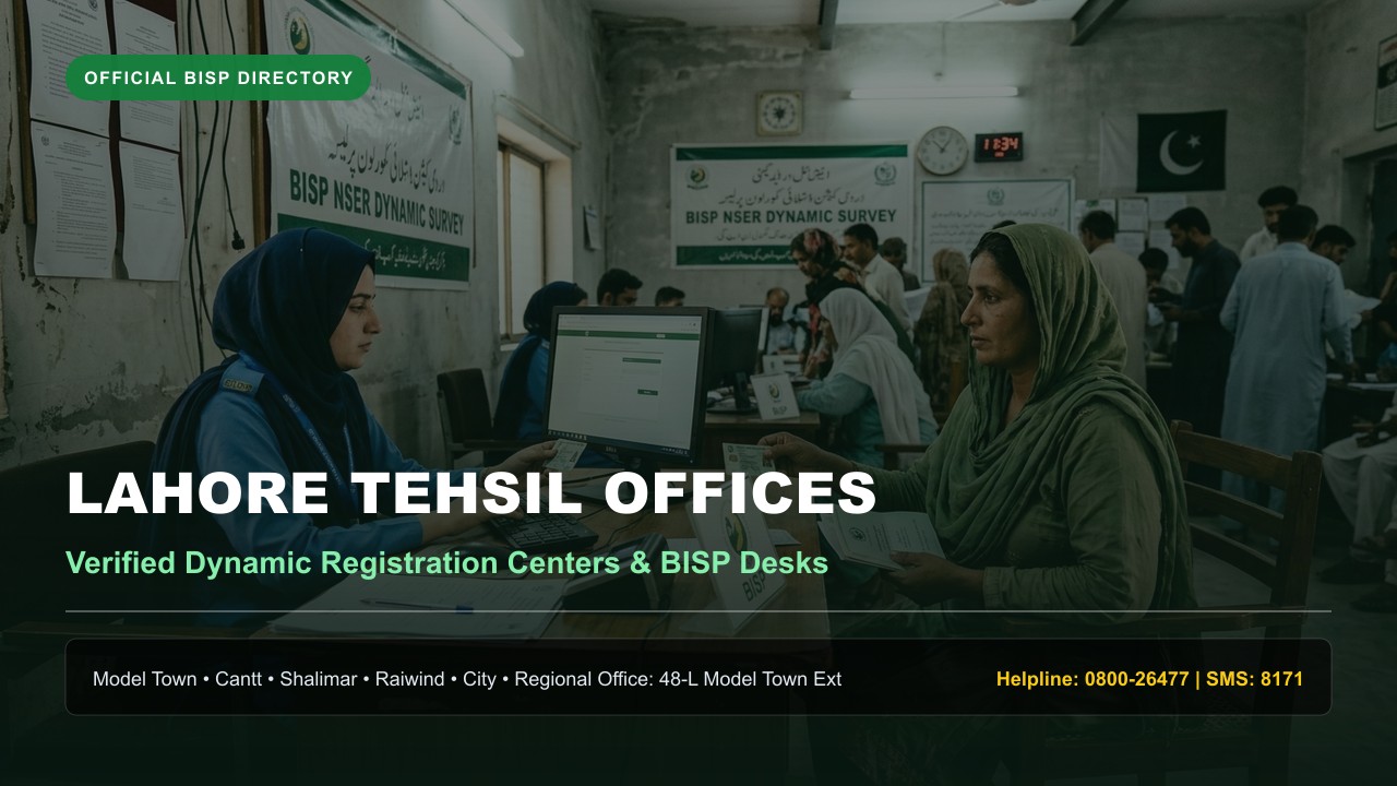 BISP Tehsil Office and Dynamic Registration Center in Lahore Pakistan showing civic service desks and beneficiaries