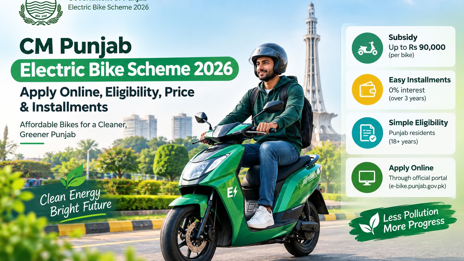 CM Punjab Electric Bike Scheme 2026 electric scooty illustration showing the PKR 199,000 price and Rs 90,000 Punjab subsidy