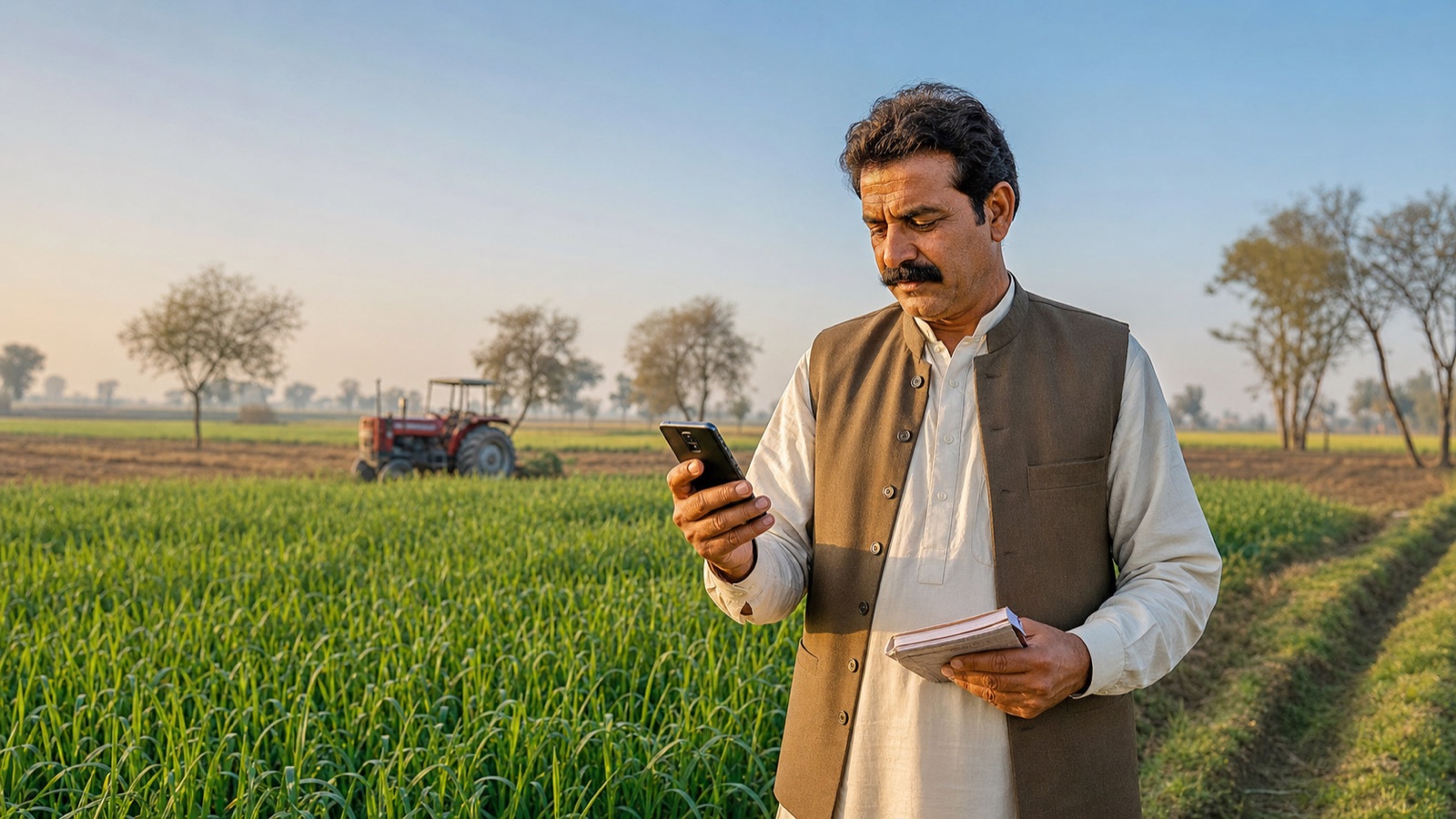 Bright green agricultural tractor operating in a fertile rural Punjab farmland under government tractor subsidy scheme