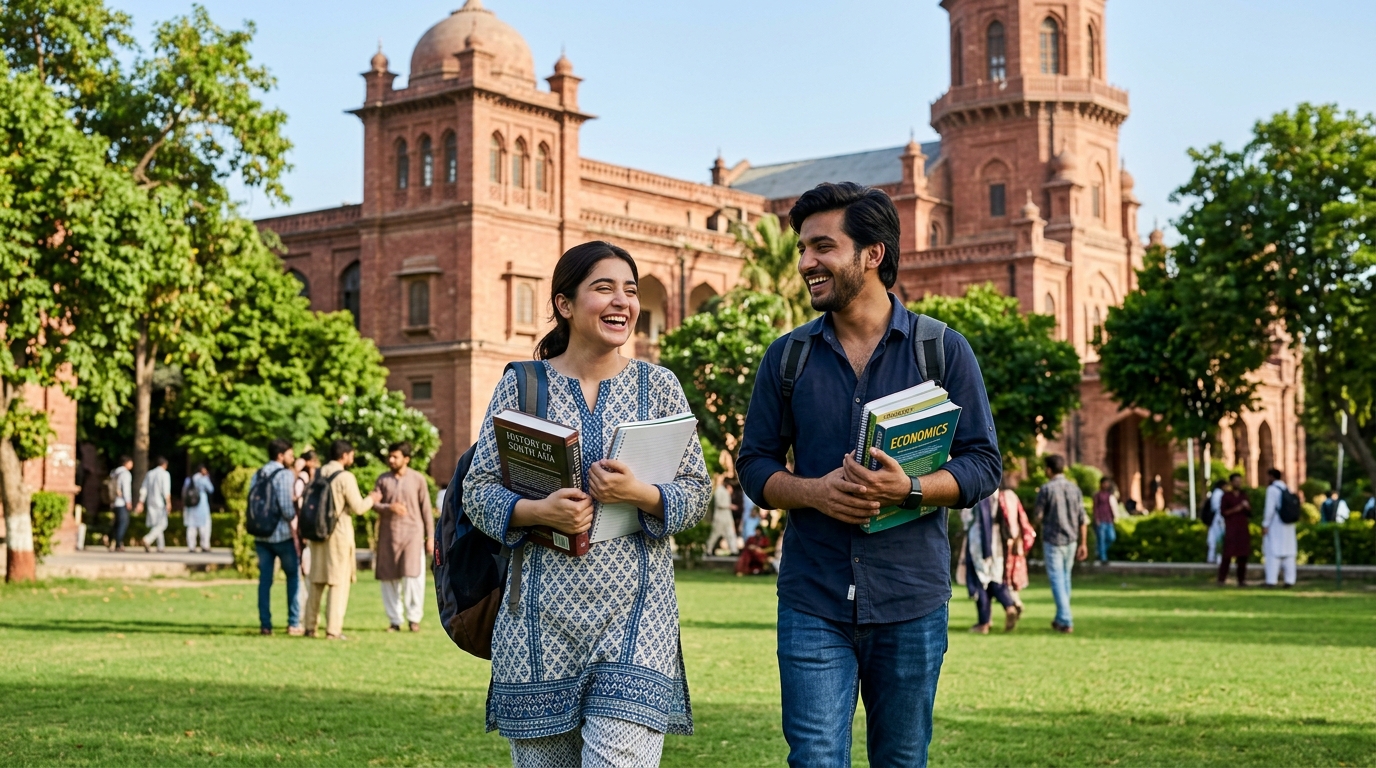 Pakistani university students walking on Punjab campus lawn under CM Punjab Honhaar Merit Scholarship Program