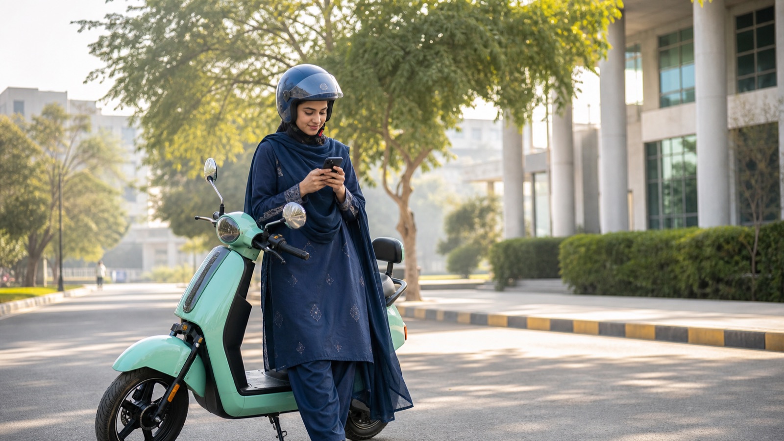 Pakistani student beside an electric scooter checking her phone