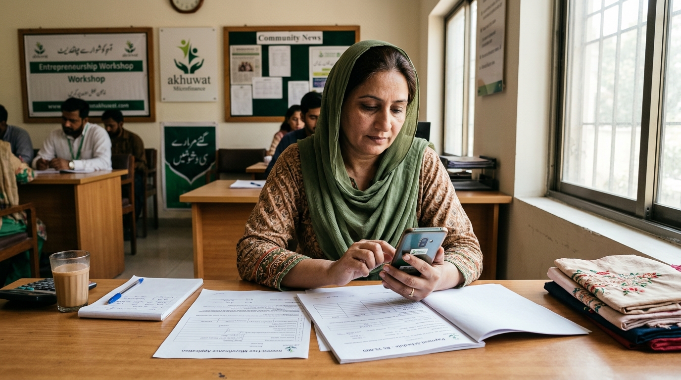 Pakistani entrepreneur reviewing microfinance loan options and digital banking wallet tools at a local community center