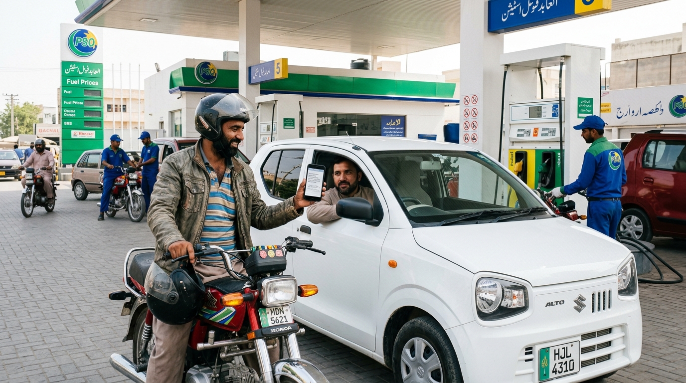 A motorcyclist and small car driver displaying a fuel relief scheme SMS token at a petrol pump in Pakistan