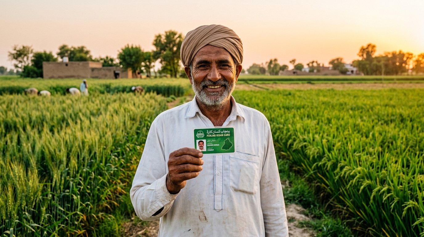 Pakistani farmer verifying and activating CM Punjab Kisan Card at Bank of Punjab biometric ATM