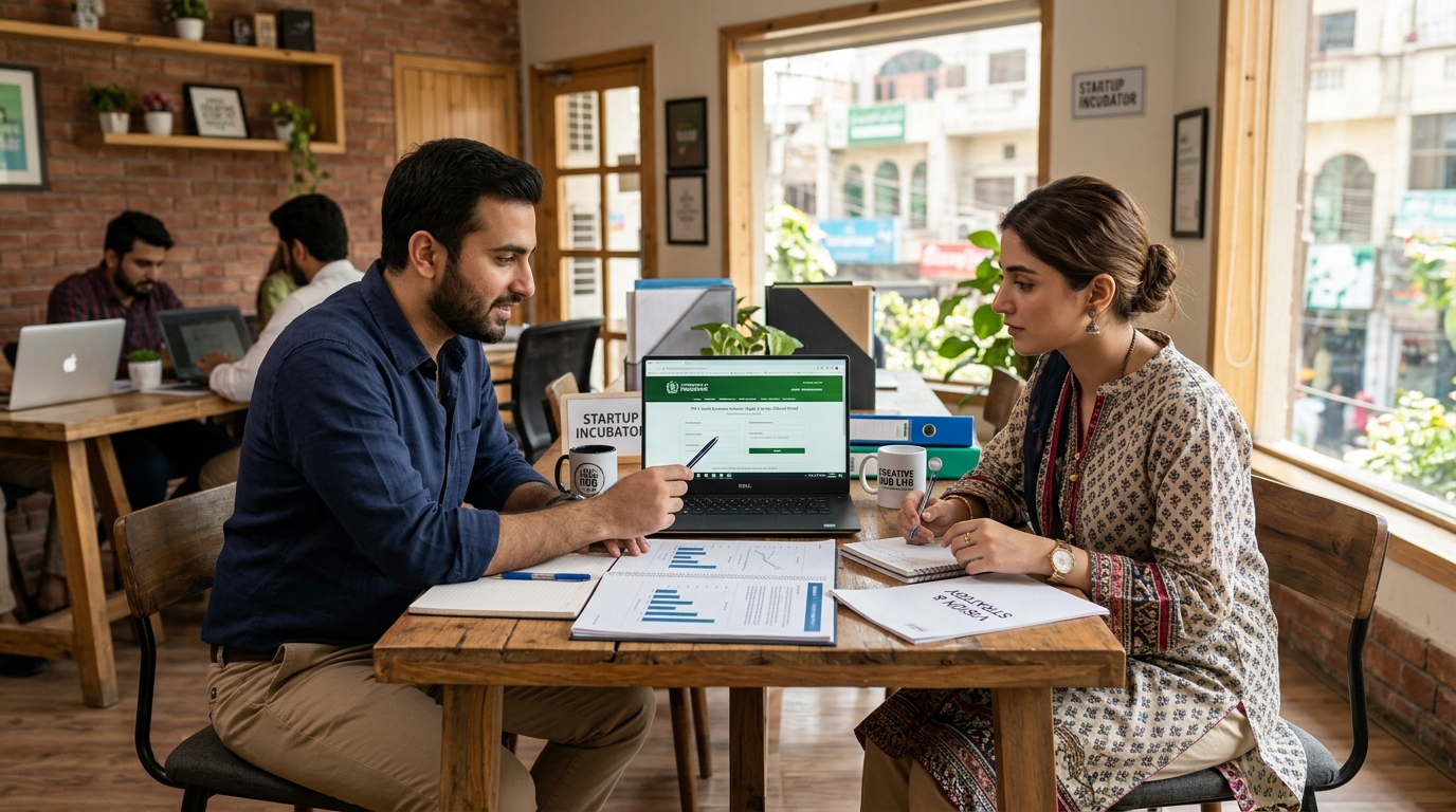 Young Pakistani entrepreneurs in a modern office reviewing Prime Minister Youth Loan Scheme application details