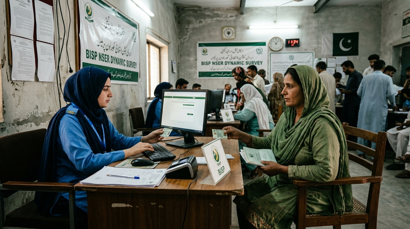 Pakistani beneficiary consulting enumerator at BISP Tehsil Dynamic Registry desk for PMT score re-survey