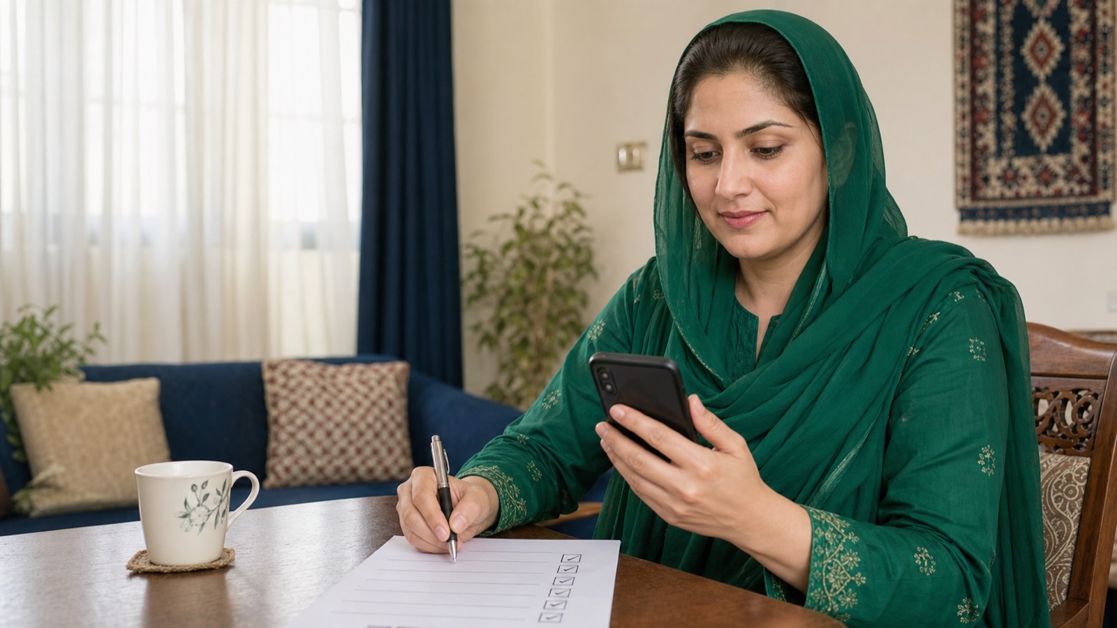 Pakistani woman reviewing a registration checklist on her phone
