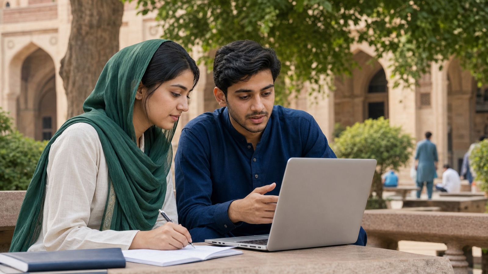 Pakistani students reviewing education guidance on a laptop