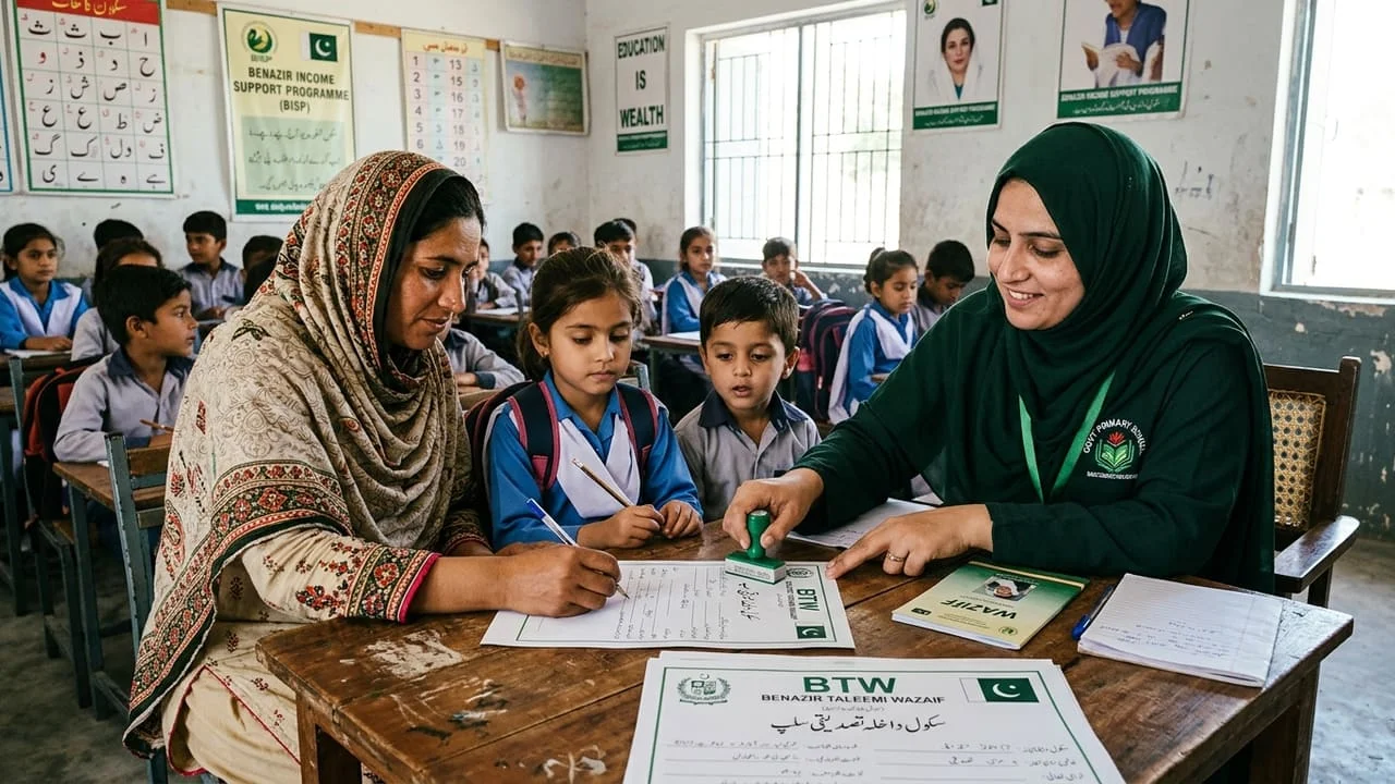 Pakistani school children walking to school supported by Benazir Taleemi Wazaif stipends