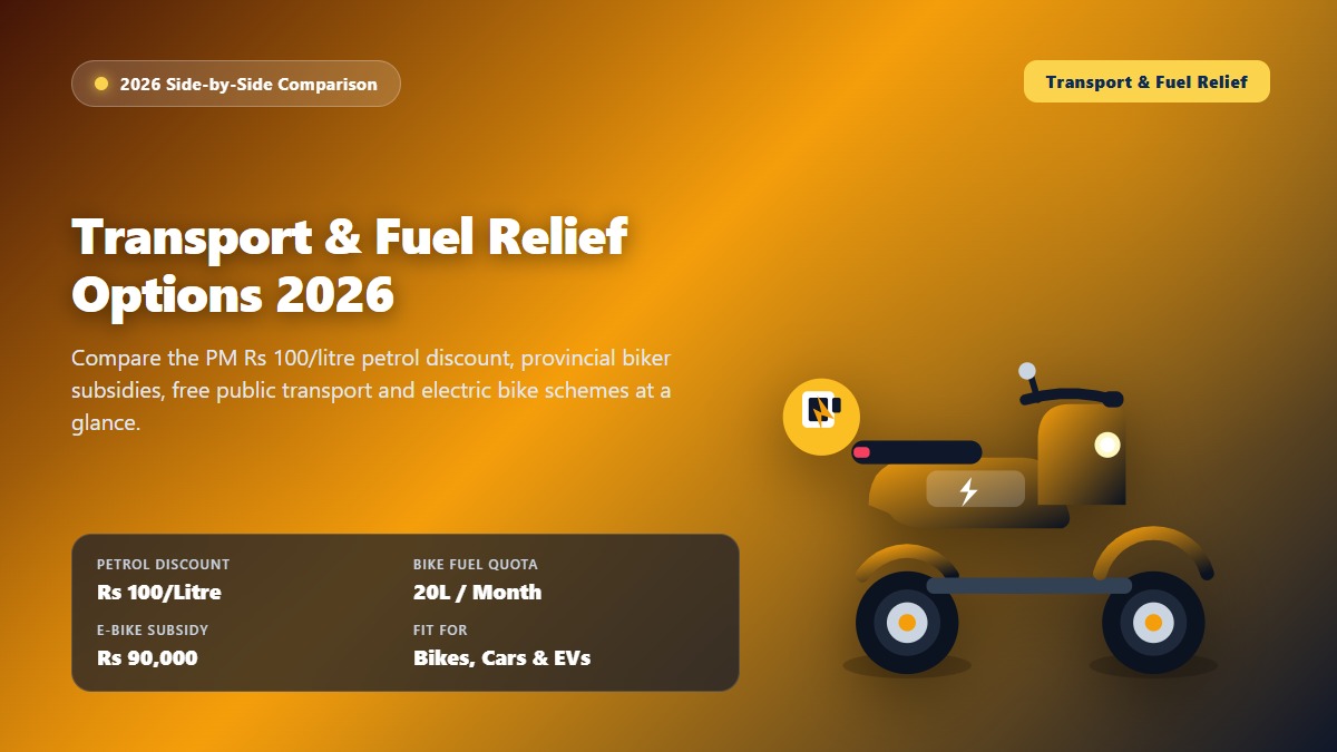 Transport and fuel relief options 2026 comparison illustration with electric scooty, Rs 100 per litre petrol discount and fuel pump