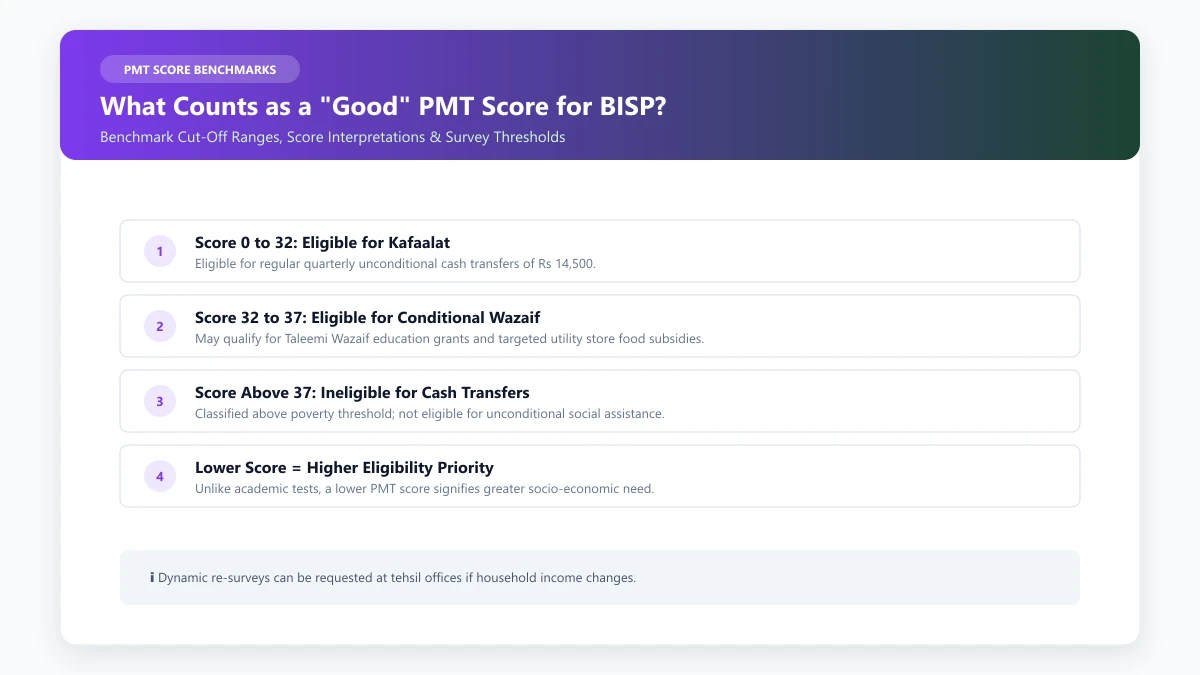 What counts as a good PMT score for BISP 32 cut off benchmark and dynamic survey